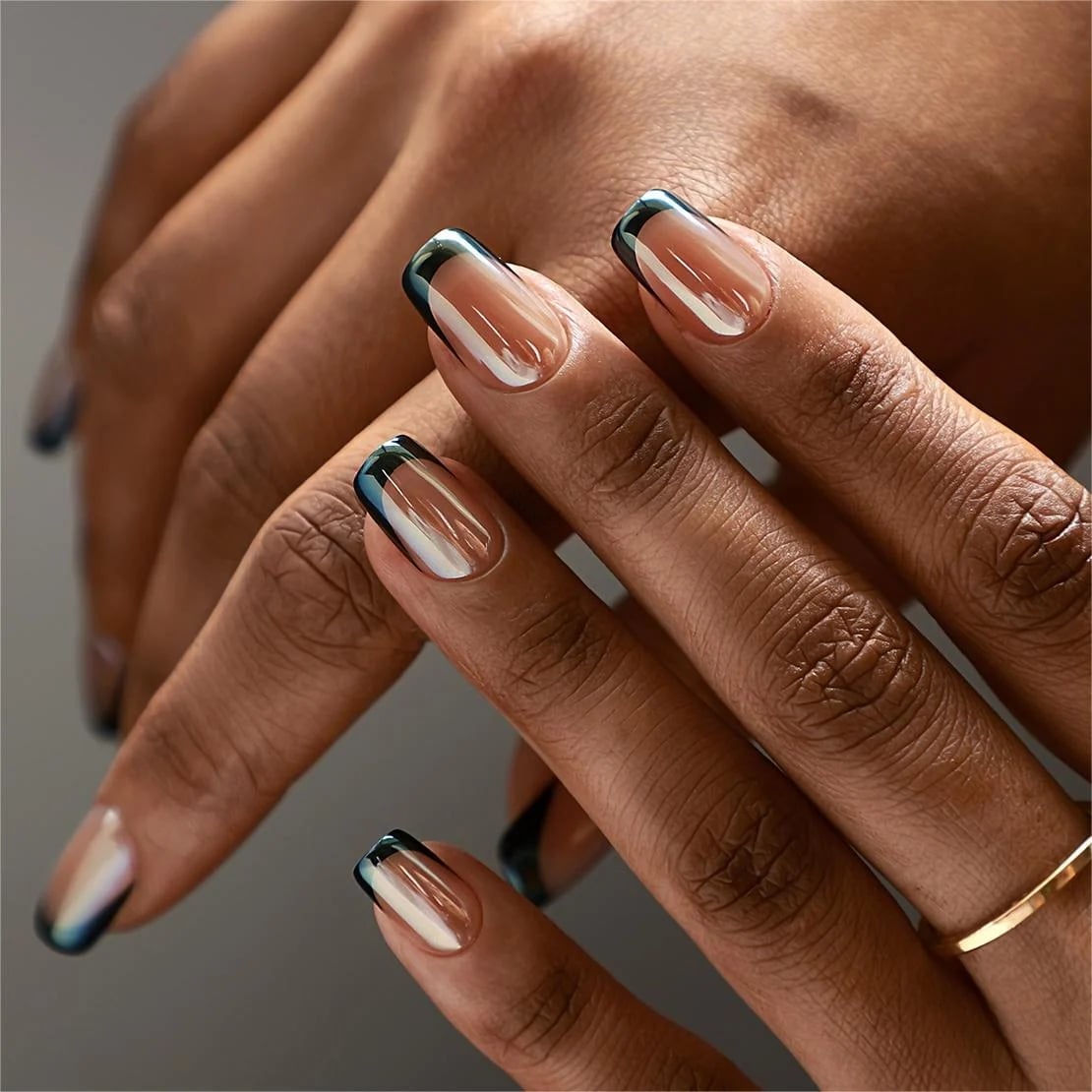 Sheer Nude Black Iridescent French Medium Square Nails