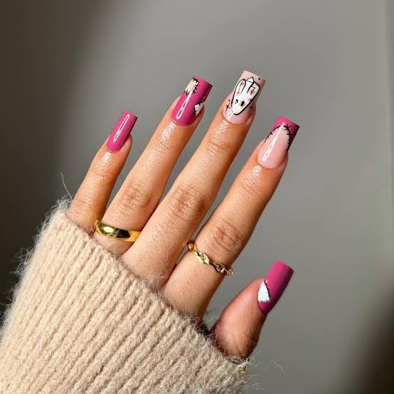 Sheer Nude Pink Stitched Effect Medium Square Nails