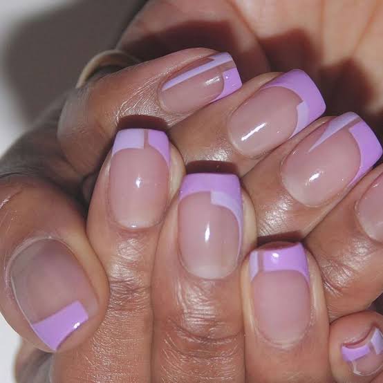 Sheer Natural Geometric Lavender Lilac French Medium Square Nails