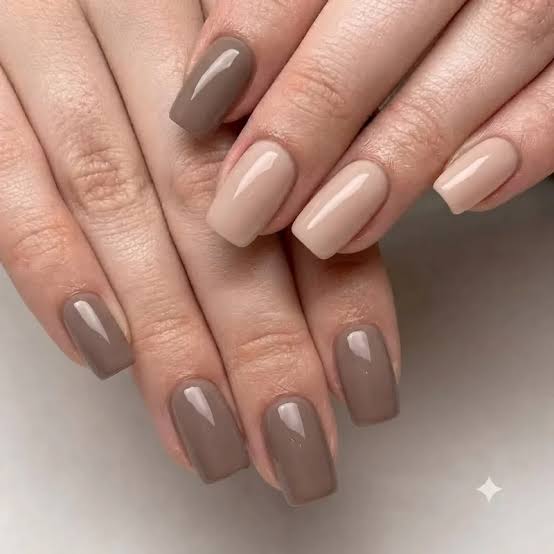 Beige And Brown Glossy Medium Square Nails
