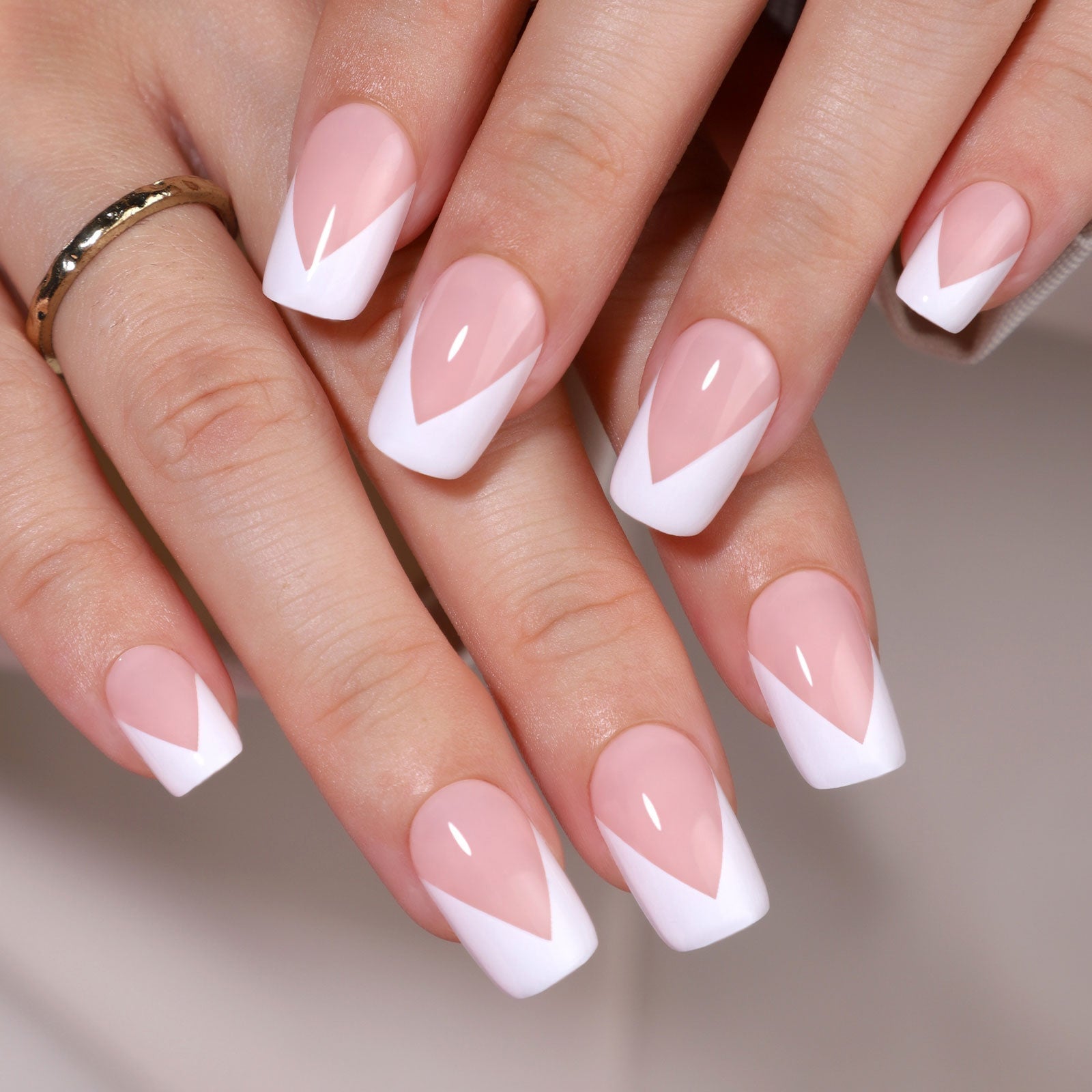 Sheer Pink V-Shaped French Medium Square Nails