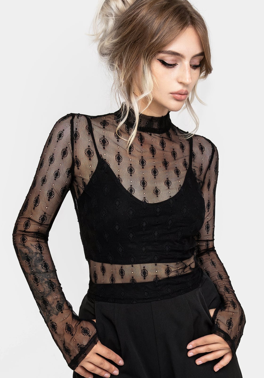 Geometric Patterned Mock Neck Mesh Top Geometric Patterned Mock Neck Mesh Top — Mesh Top Outfits