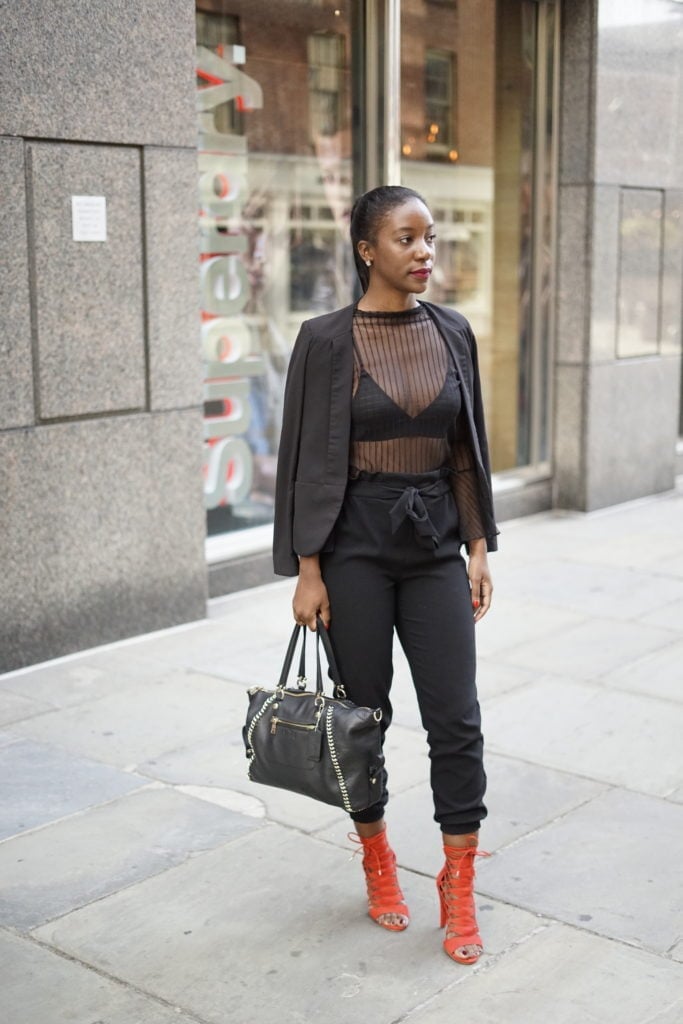 Striped Sheer Mesh Top Under Black Blazer Striped Sheer Mesh Top Under Black Blazer — Mesh Top Outfits