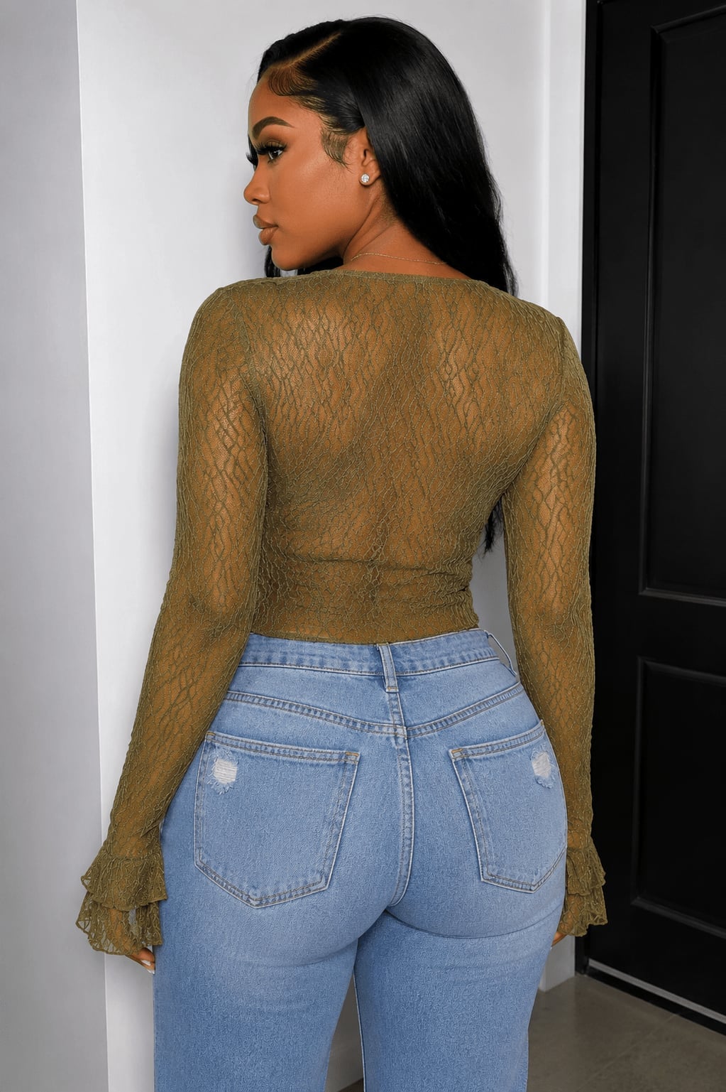 Olive Green Mesh Top With Ruffled Bell Sleeves Olive Green Mesh Top With Ruffled Bell Sleeves — Mesh Top Outfits
