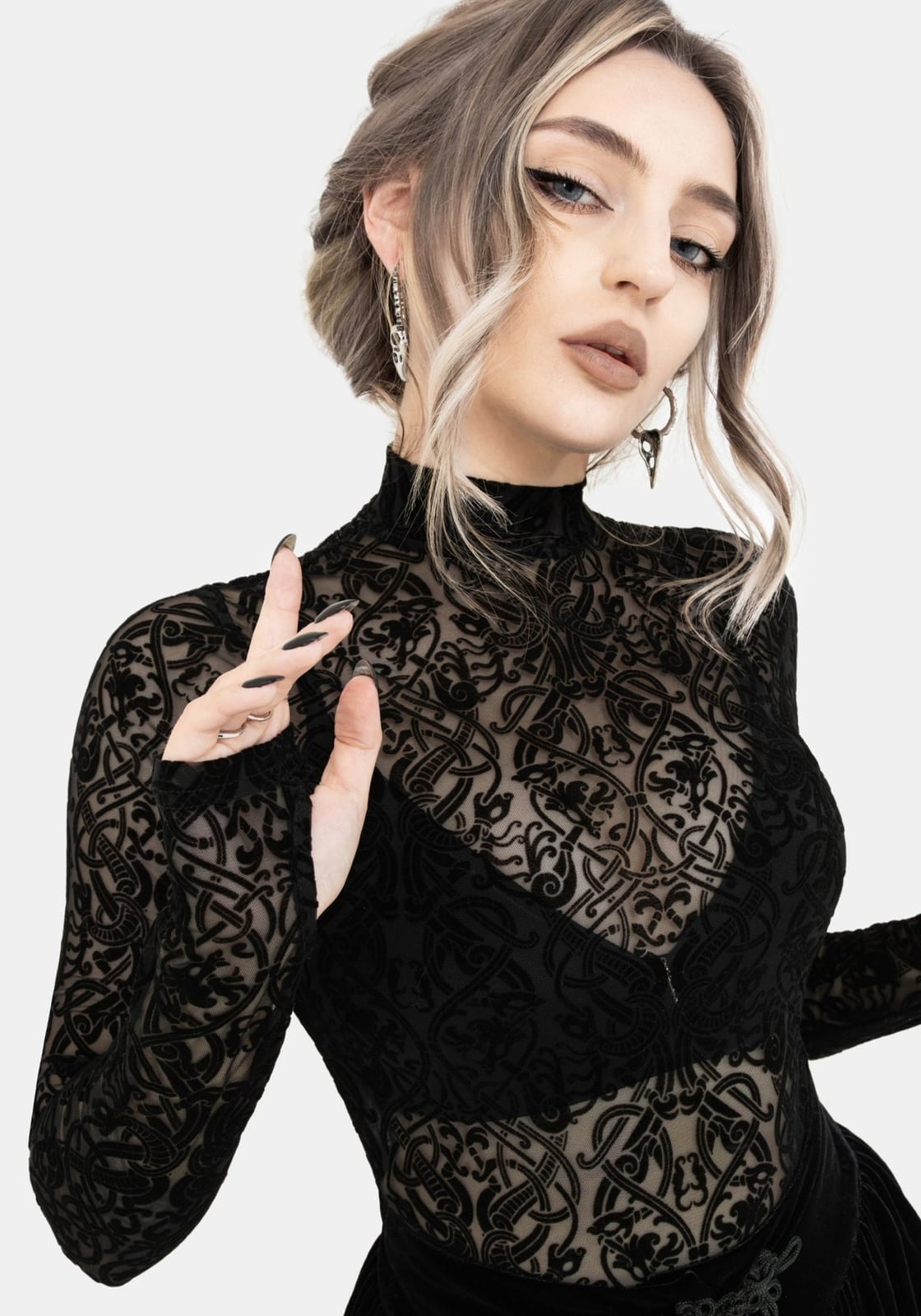 Gothic Pattern Mesh Mock Neck Top Gothic Pattern Mesh Mock Neck Top — Mesh Top Outfits