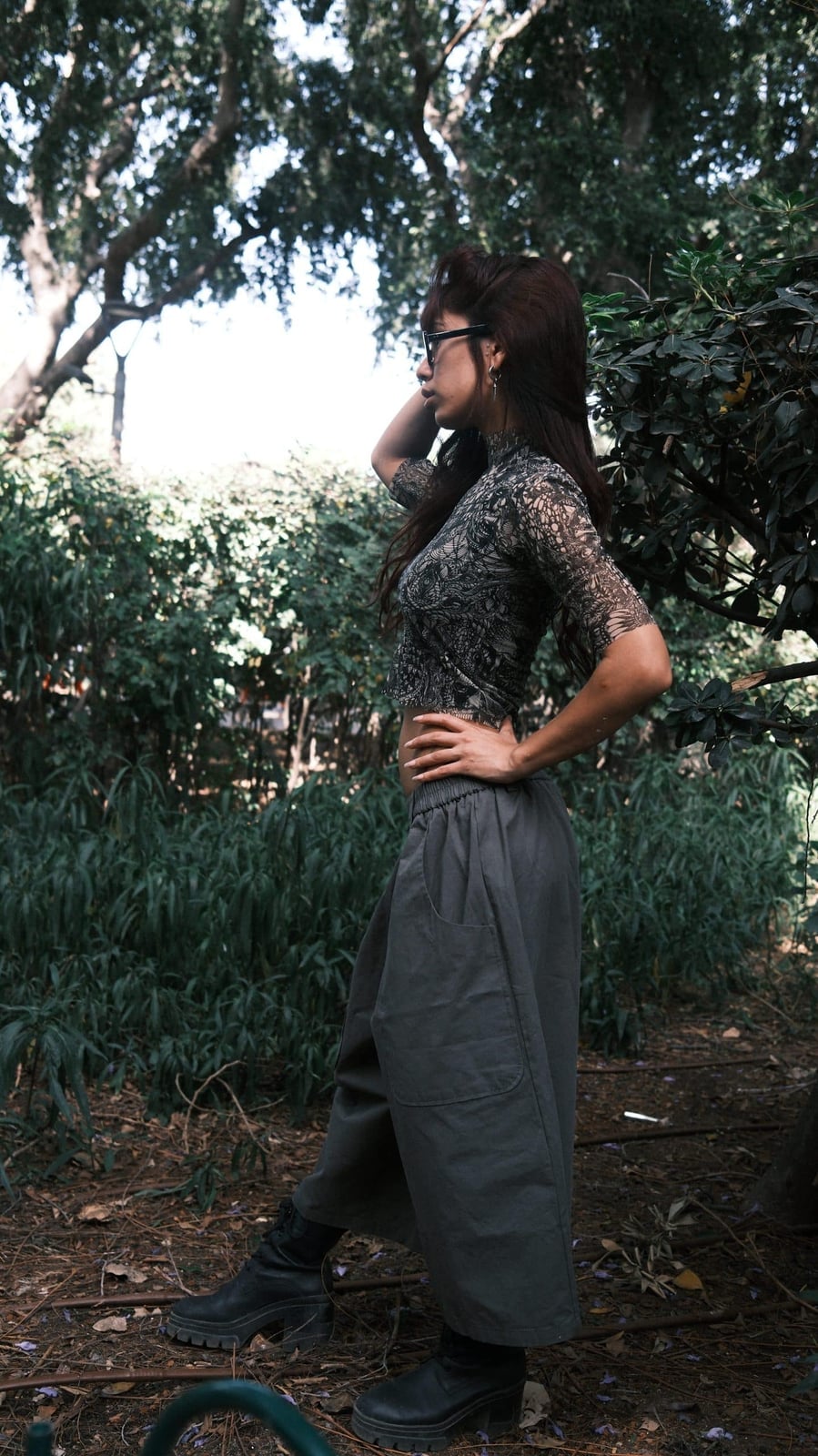 Printed Mesh Top With Gray Wide Leg Trousers Printed Mesh Top With Gray Wide Leg Trousers — Mesh Top Outfits