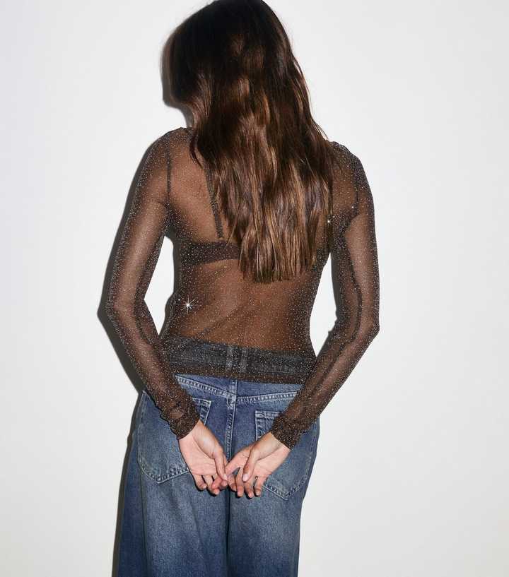 Diamante Embellished Dark Brown Mesh Top Diamante Embellished Dark Brown Mesh Top — Mesh Top Outfits