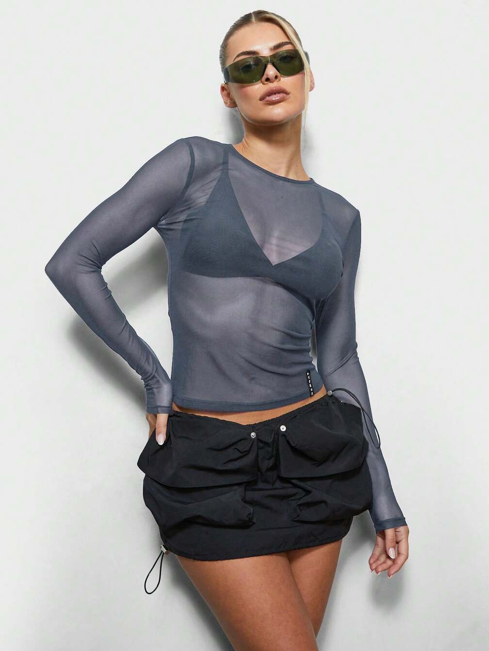 Gray Mesh Top With Thumbholes and Ruched Mini Skirt Gray Mesh Top With Thumbholes and Ruched Mini Skirt — Mesh Top Outfits