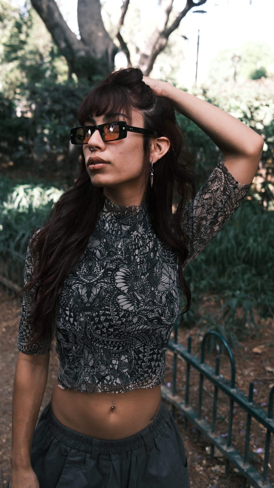 Cropped Patterned Mesh Top With Gray Trousers Cropped Patterned Mesh Top With Gray Trousers — Mesh Top Outfits