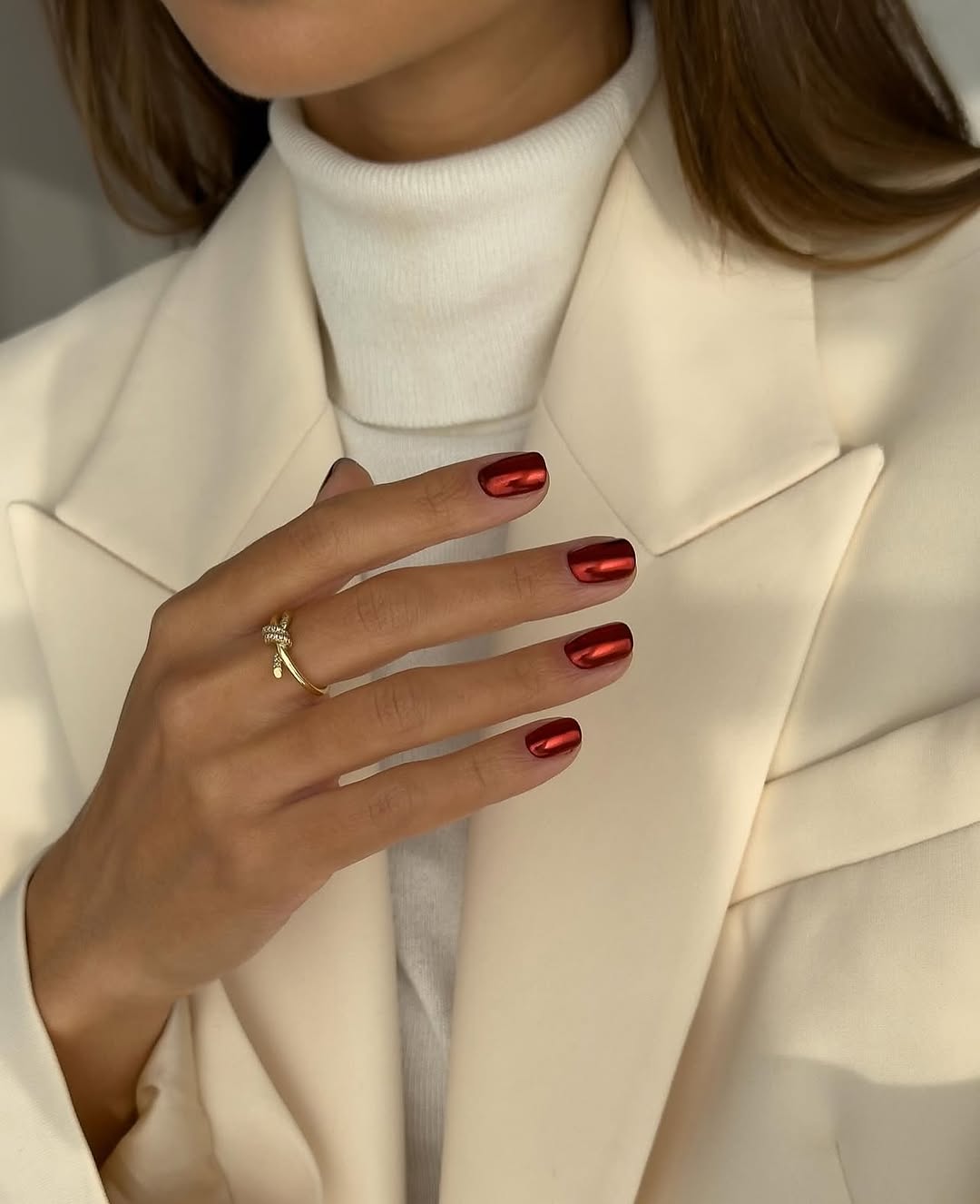 Metallic Crimson Red Chrome Almond Nails