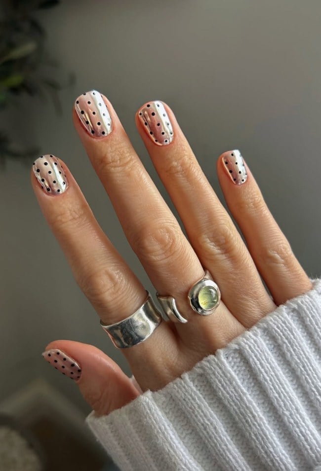 Silver Metallic Glossy Nails with Black Polka Dots — Metallic Nails