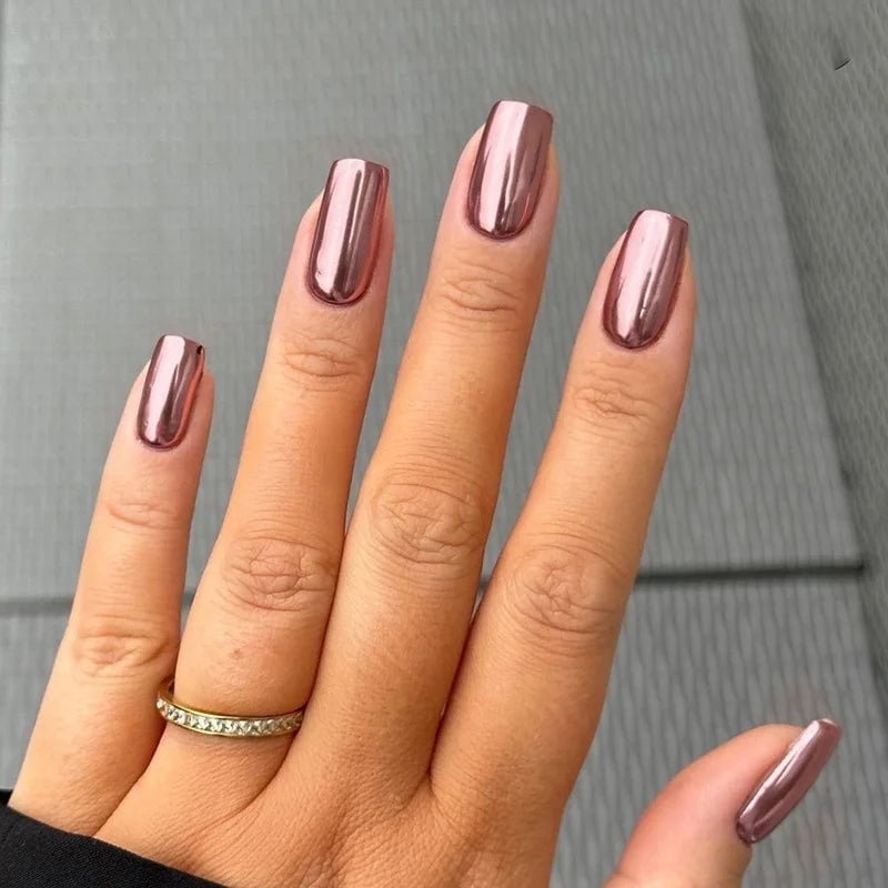 Rose Gold Metallic High Shine Medium Square Nails — Metallic Nails