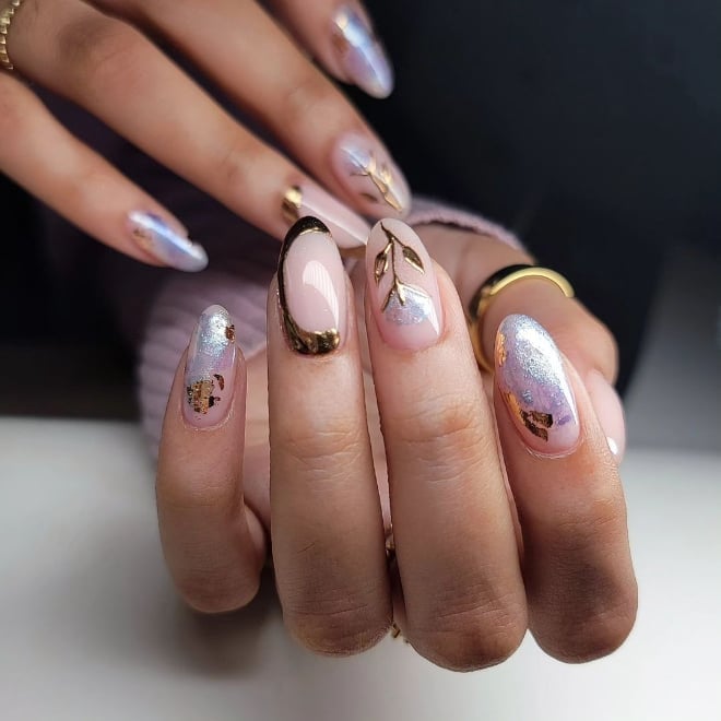 Pale Pink Gold Leaf Foil Medium Almond Nails — Metallic Nails