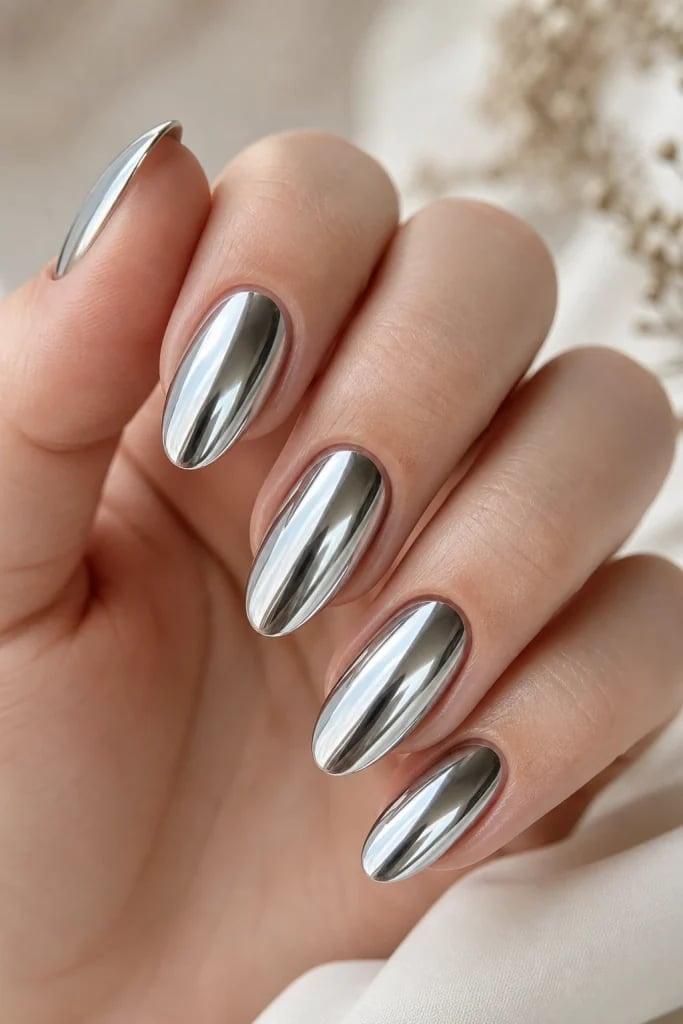 Bright Silver Mirror Chrome Medium Oval Nails — Metallic Nails