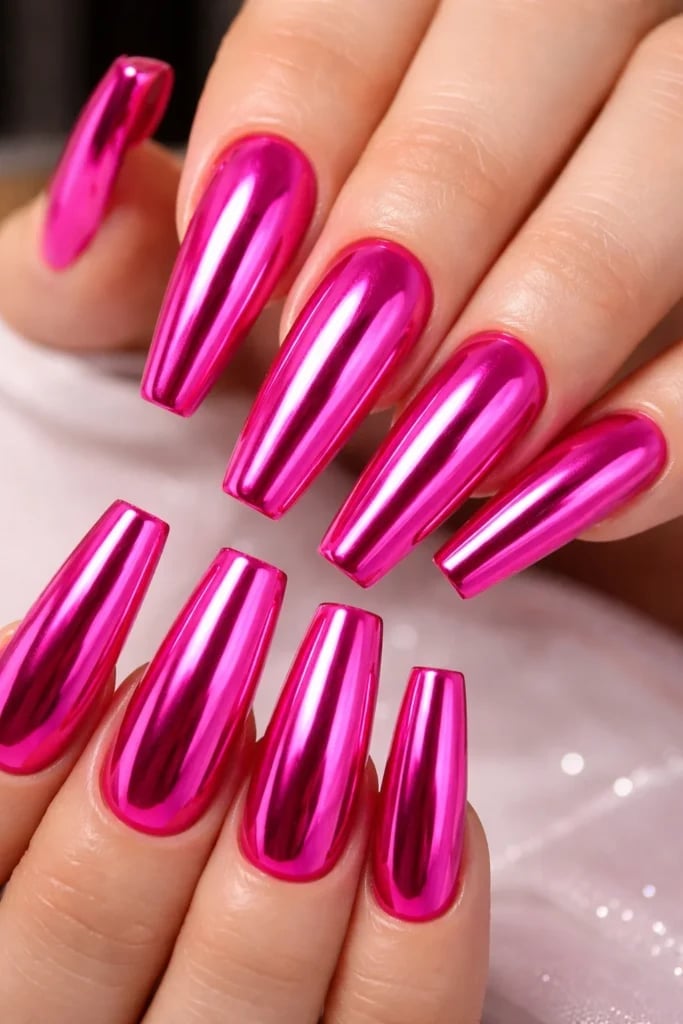 Bright Metallic Pink Chrome Long Coffin Nails — Metallic Nails