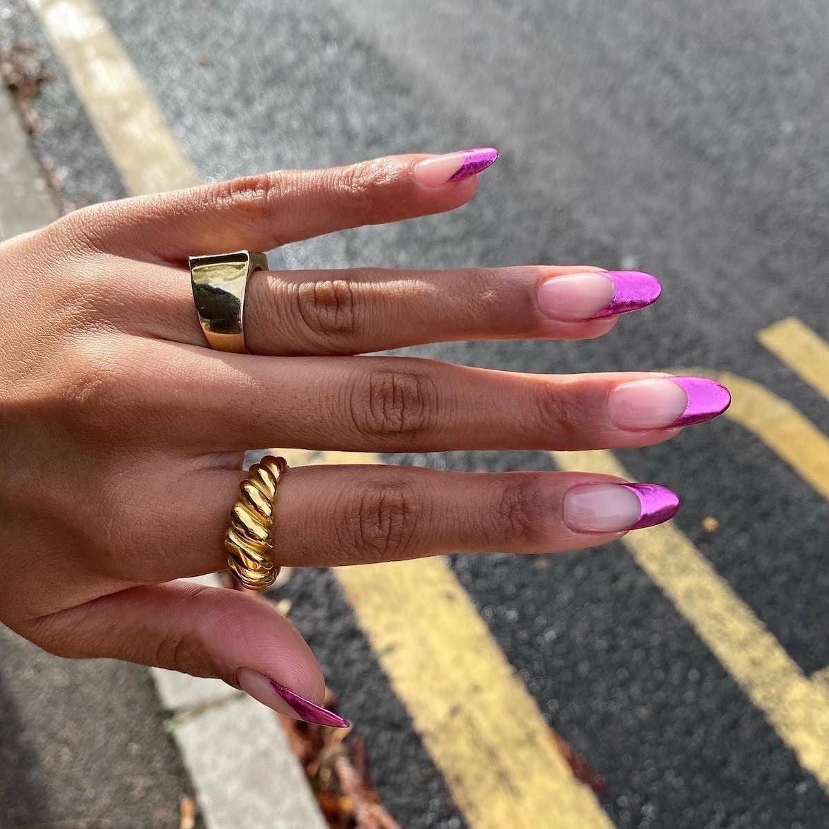Long Almond Clear Base with Pink Metallic French Tips — Metallic Nails
