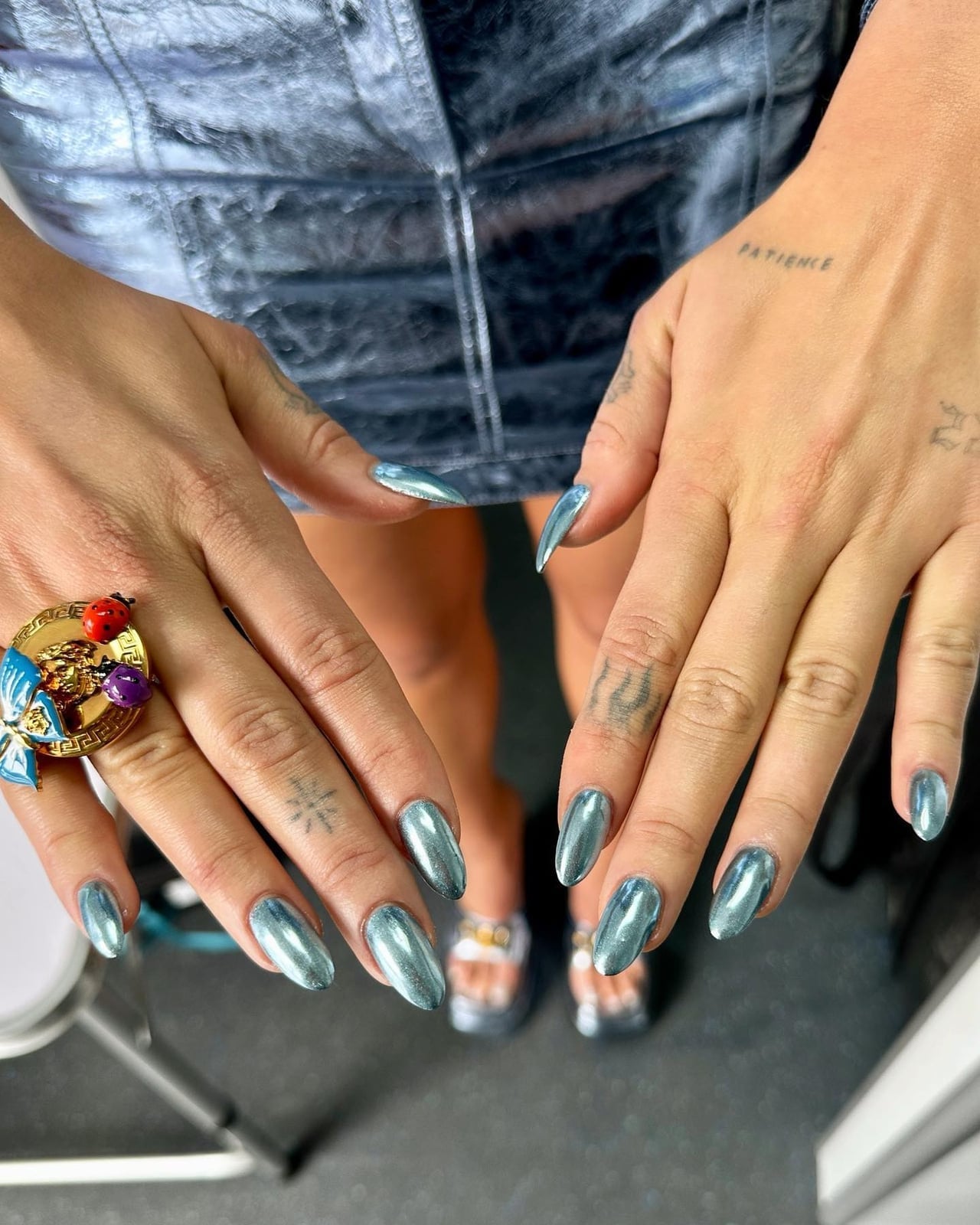 Light Metallic Blue Chrome Medium Almond Nails — Metallic Nails