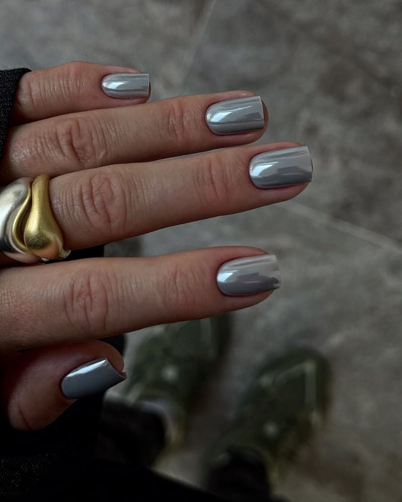 Short Square Gray Silver Shimmer Nails — Metallic Nails