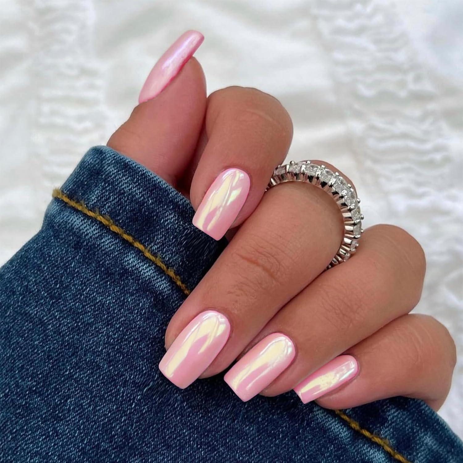 Vibrant Pink Chrome Pearlescent Medium Square Nails — Metallic Nails