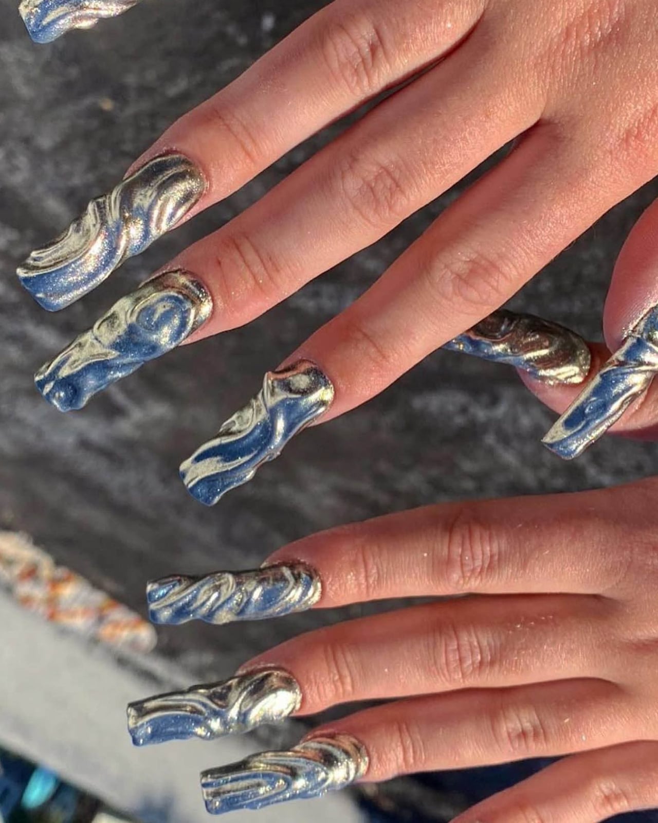 Long Coffin Wavy Metallic Silver Blue Design — Metallic Nails