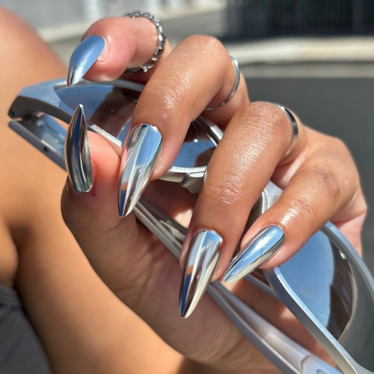 Highly Reflective Silver Chrome Long Stiletto Nails — Metallic Nails