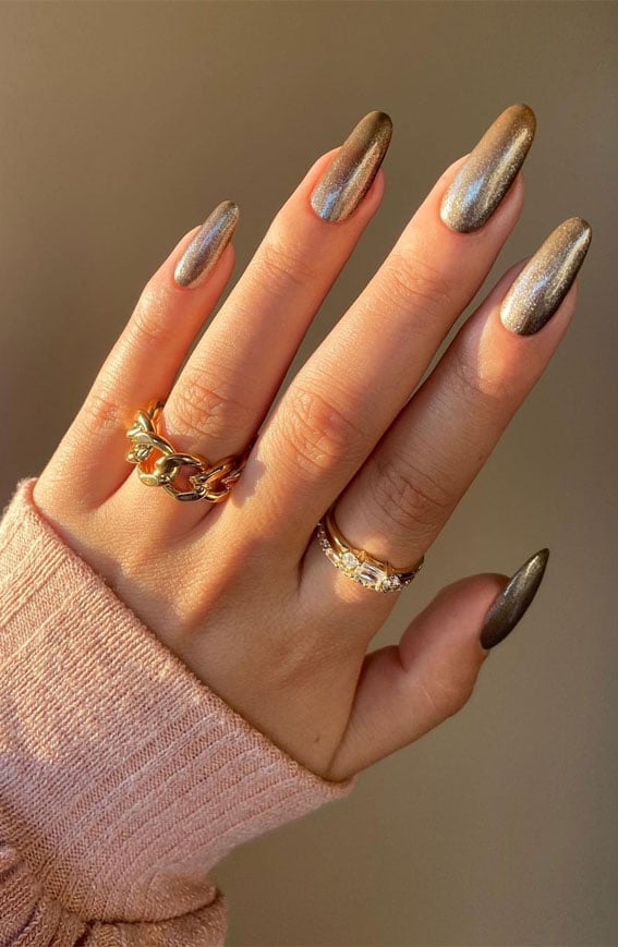 Warm Brown Golden Cat-Eye Long Coffin Nails — Metallic Nails