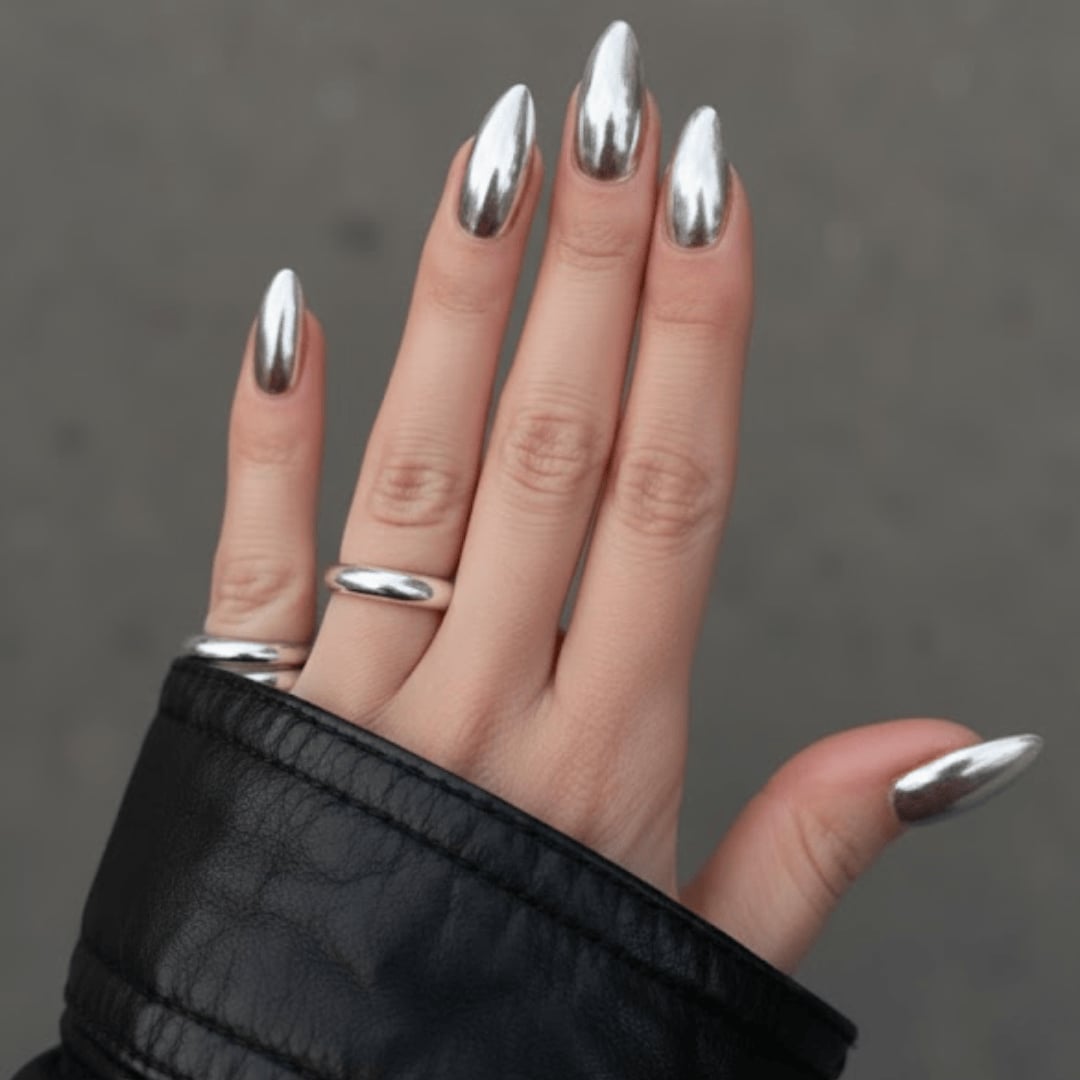 Brilliant Silver Mirror Chrome Long Stiletto Nails, Close-Up Take — Metallic Nails