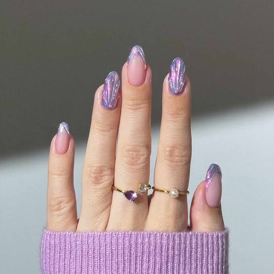 Sheer Pink Iridescent Purple Metallic French Tips — Metallic Nails