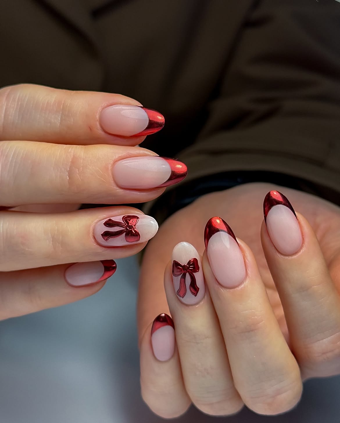 Metallic Red French Tips With 3D Bows