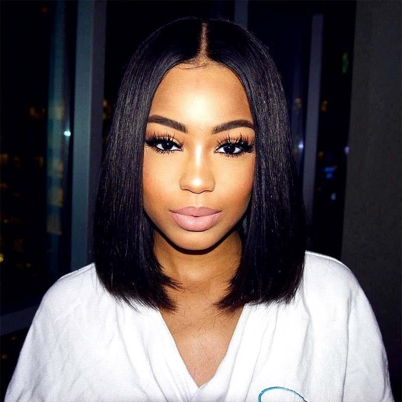 Thick Straight Black Collarbone Bob — Middle Part Bob