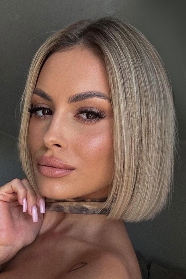 Sleek Straight Blonde Chin Bob — Middle Part Bob