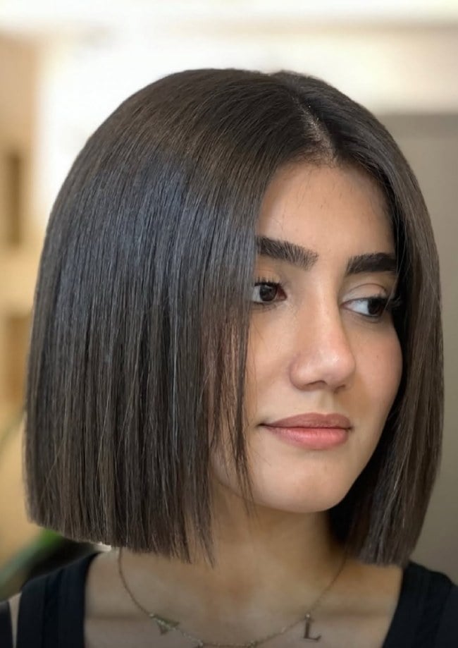 Sleek Dark Brown Chin Bob — Middle Part Bob