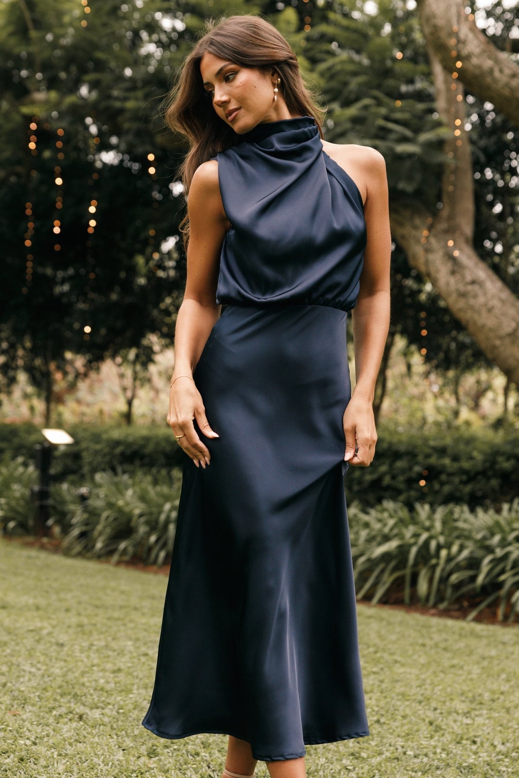 Navy Blue Satin Halter Midi Dress — Midi Dresses