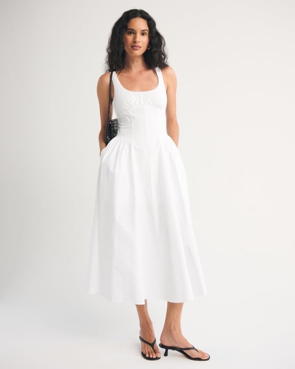 White Sleeveless Midi Dress With Gathered Bust — Midi Dresses