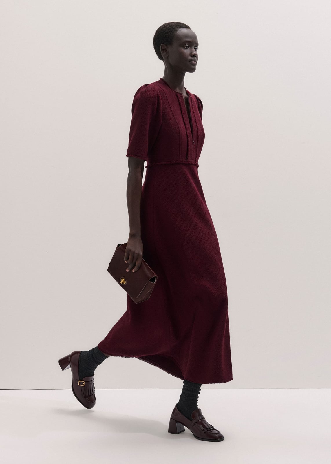 Deep Red Textured Knit Midi Dress With Fringe — Midi Dresses