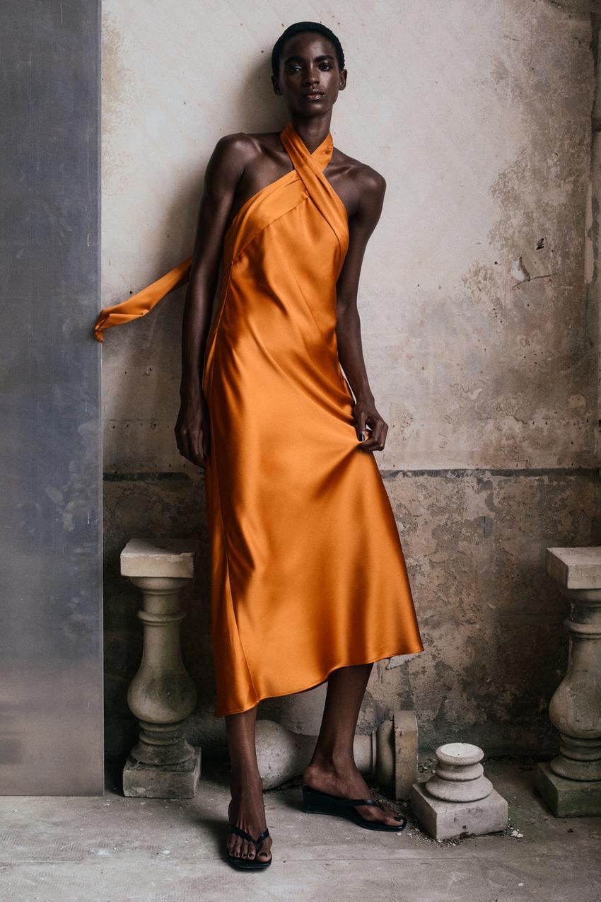 Bright Orange Satin Halter Midi Dress — Midi Dresses