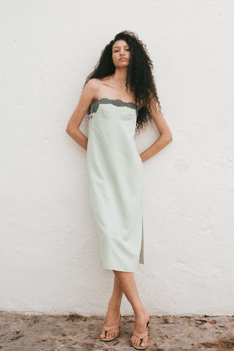 Mint Green Slip Midi Dress With Lace Trim — Midi Dresses
