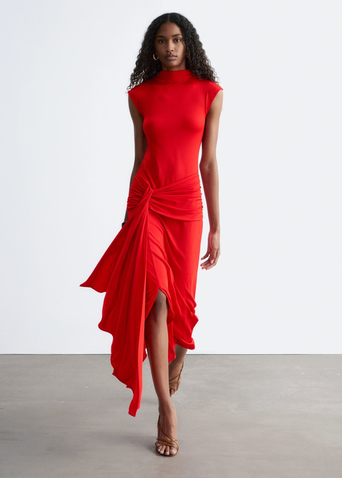 Bright Red Sleeveless Midi Dress With Knot Detail — Midi Dresses