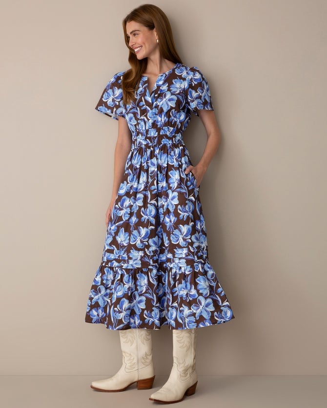 Brown Floral Print Midi Dress With Puff Sleeves — Midi Dresses
