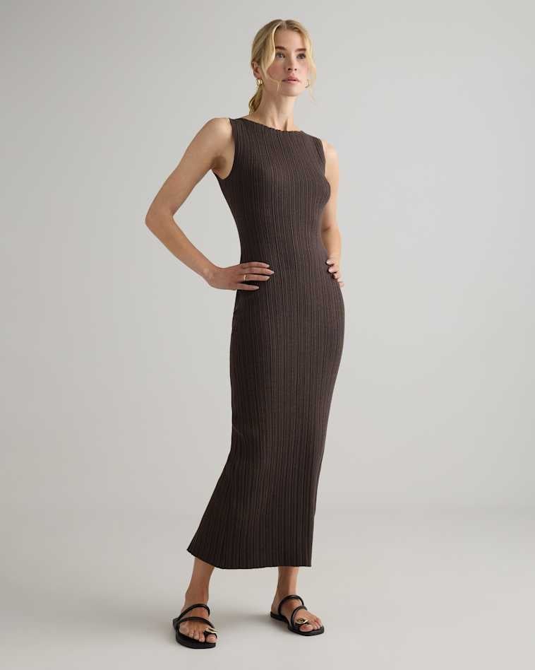 Dark Brown Ribbed Knit Midi Dress — Midi Dresses