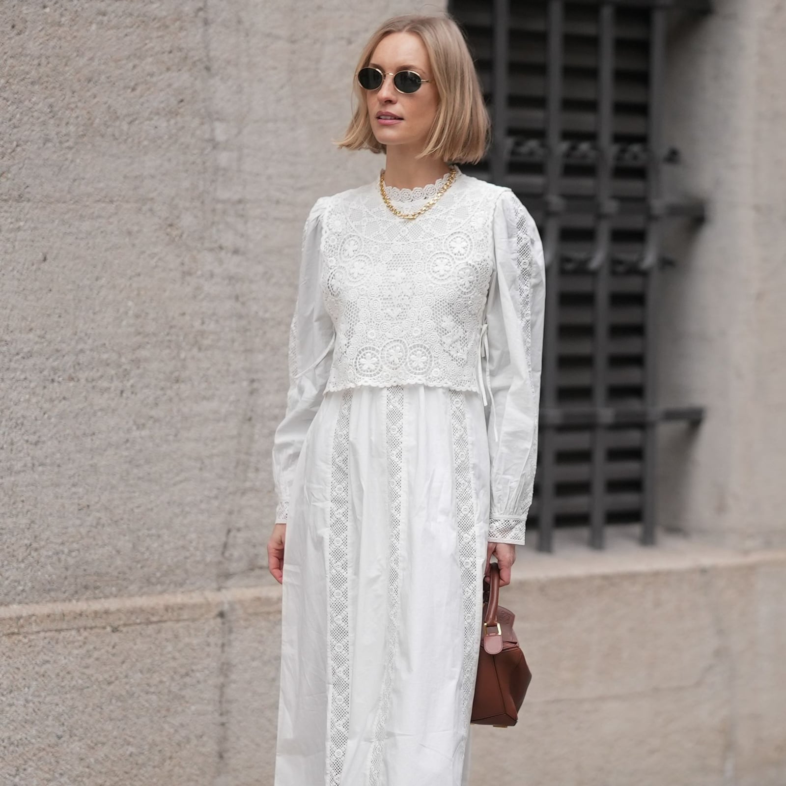 White Long Sleeve Midi Dress With Lace Trim — Midi Dresses