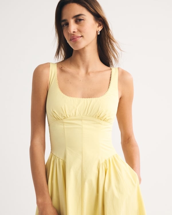 Pale Yellow Sleeveless Midi Dress With Scalloped Neckline — Midi Dresses