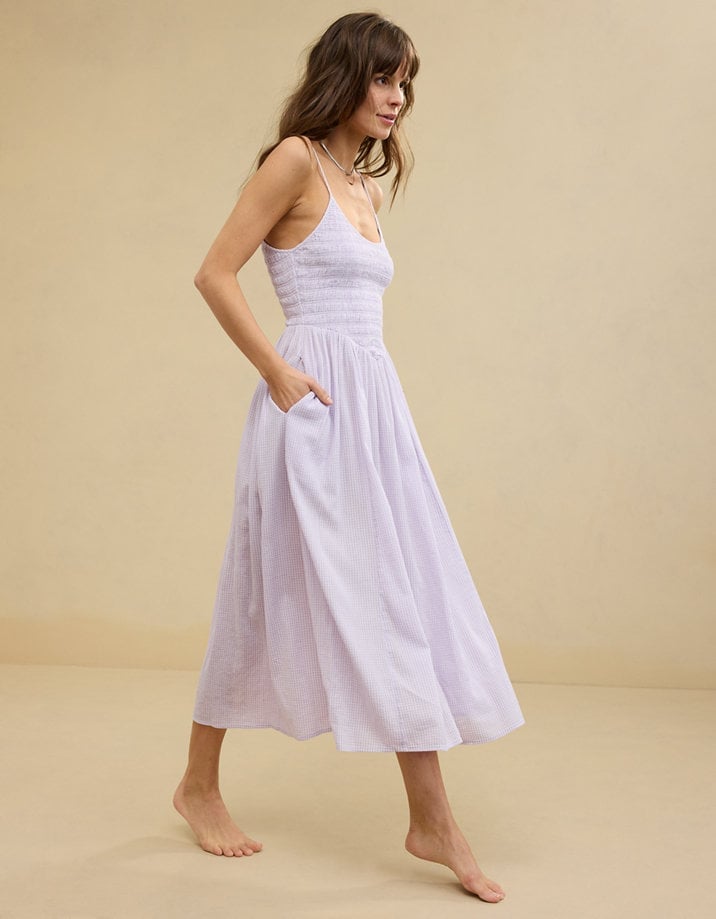 Lavender Gingham Midi Dress With Smocked Bodice — Midi Dresses