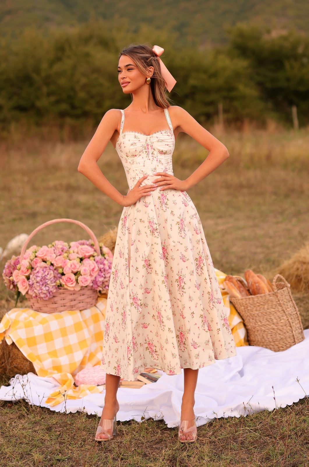 Cream Floral Midi Dress With Corset Bodice — Midi Dresses