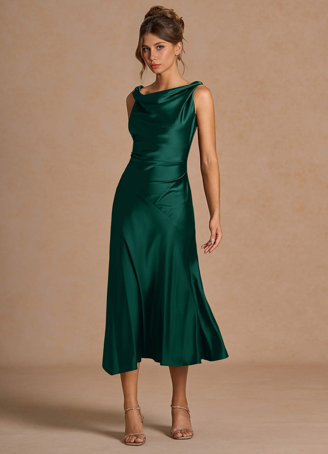 Emerald Green Satin Midi Dress With Cowl Neck — Midi Dresses
