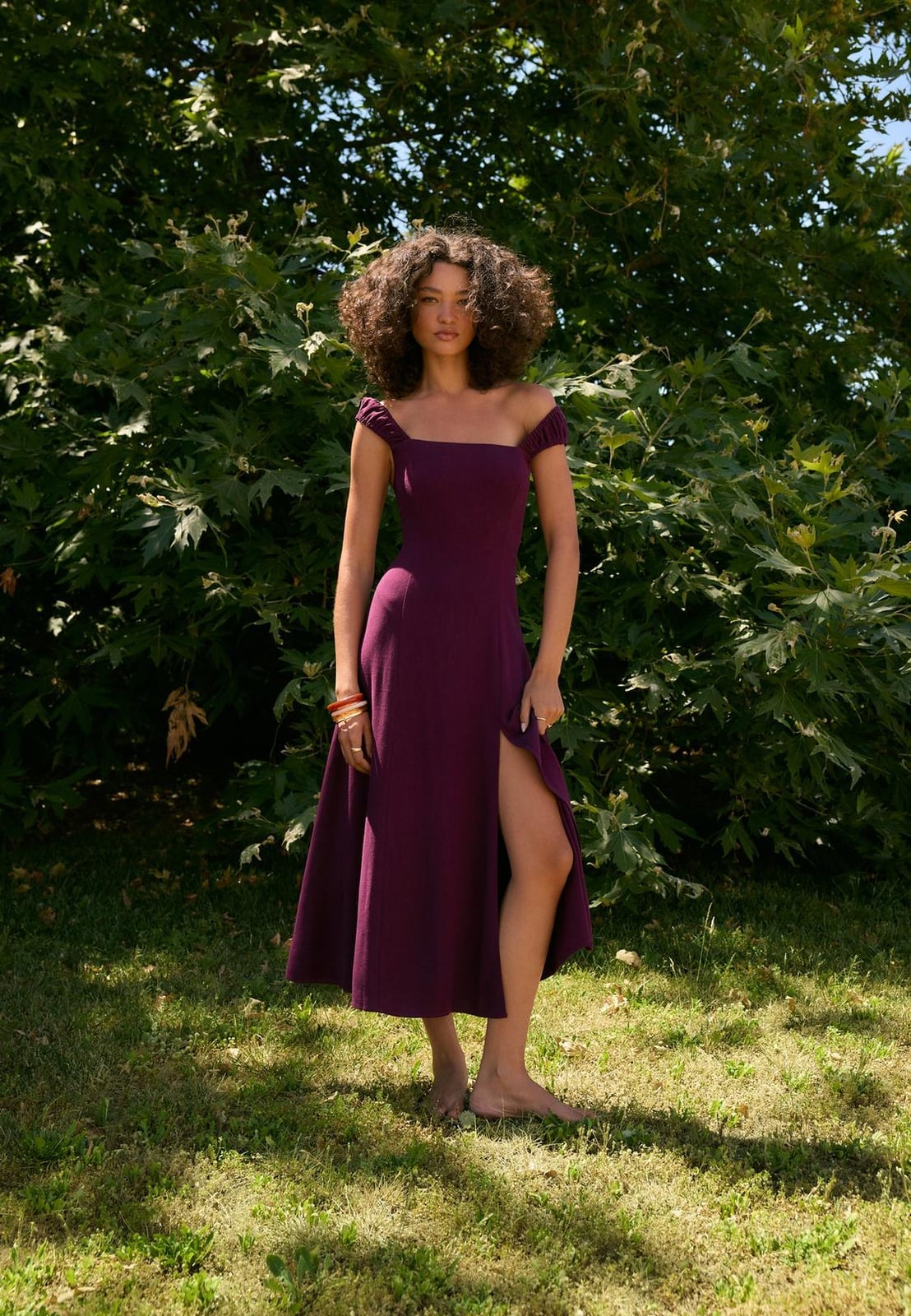 Deep Purple Textured Midi Dress With Slit — Midi Dresses