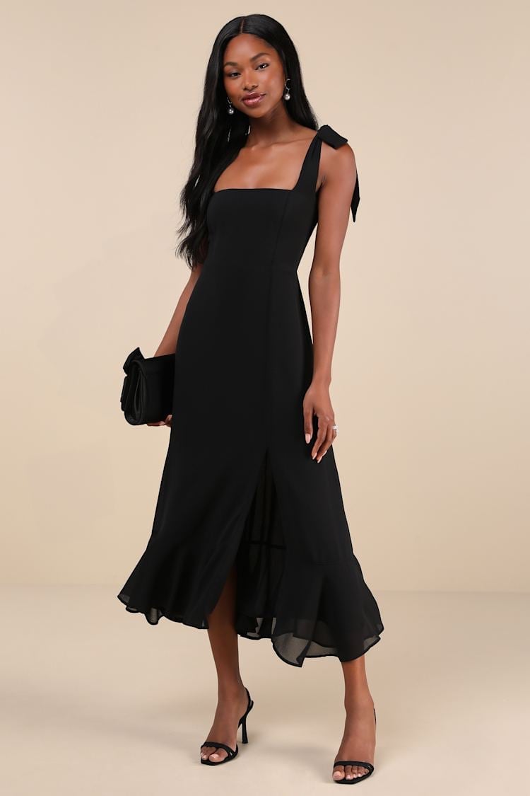 Black Tiered Midi Dress With Tie Straps — Midi Dresses