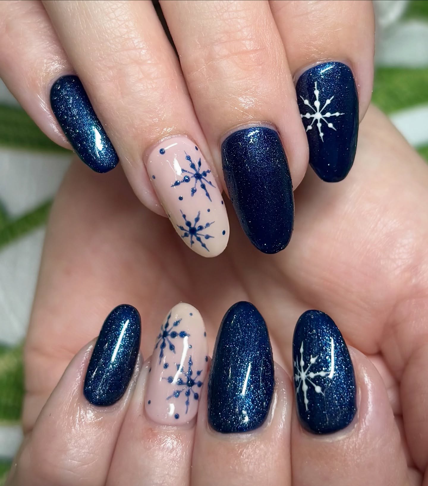 Midnight Sparkle Snowflake Oval Nails