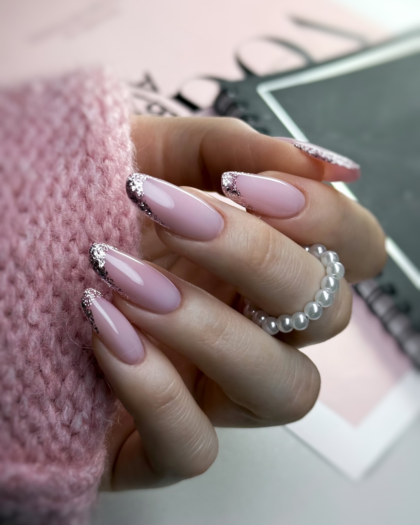 Milky Pink Oval French Tips with Silver Glitter