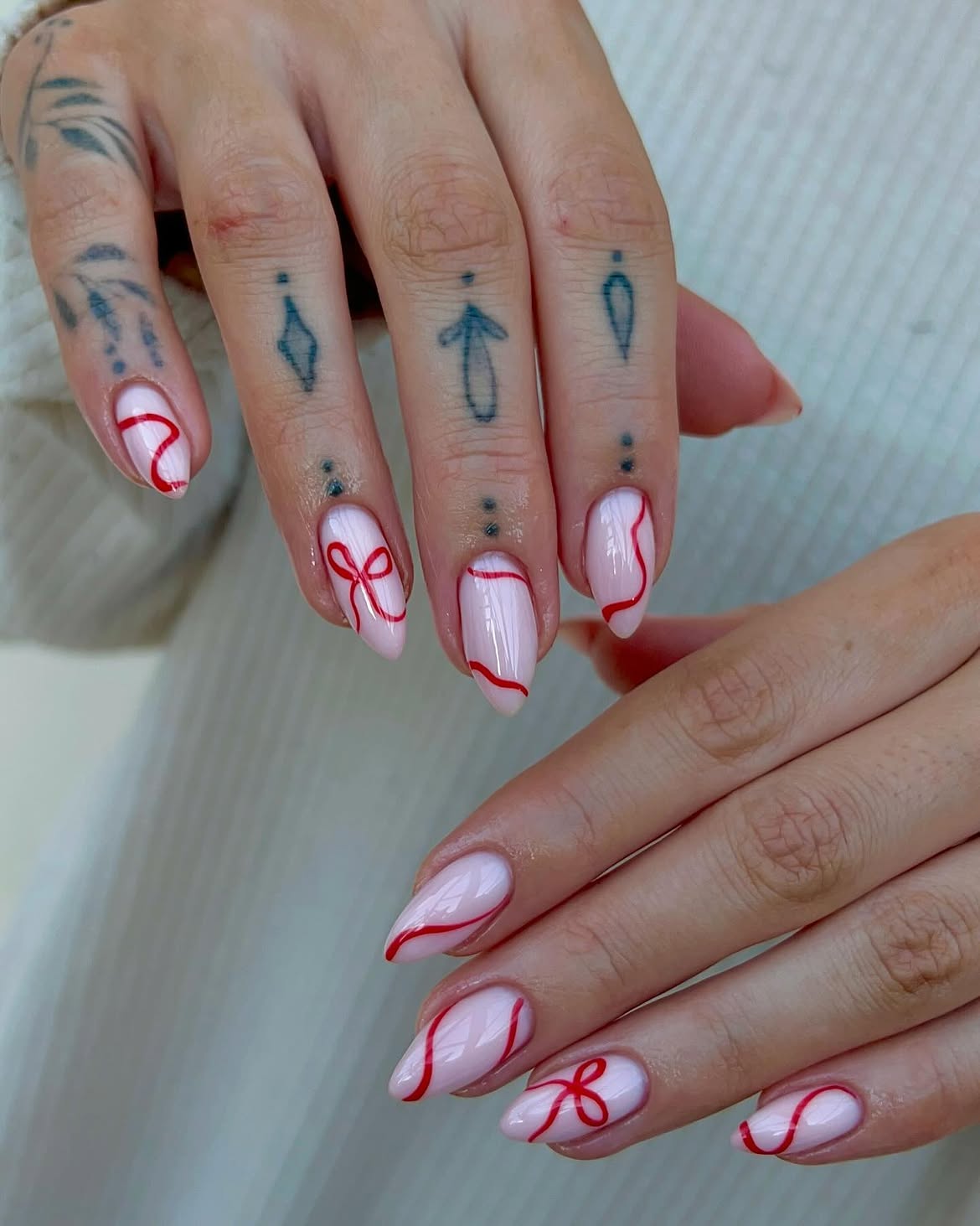 Milky Pink with Red Ribbon Bow Detail Nails